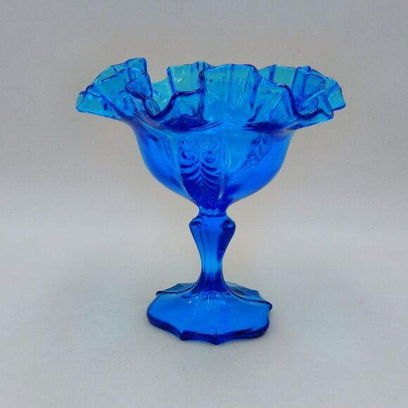 Fenton Colonial Blue Drape Pattern Ruffled Candy Dish Compote 6 Inch - Picture 2 of 6